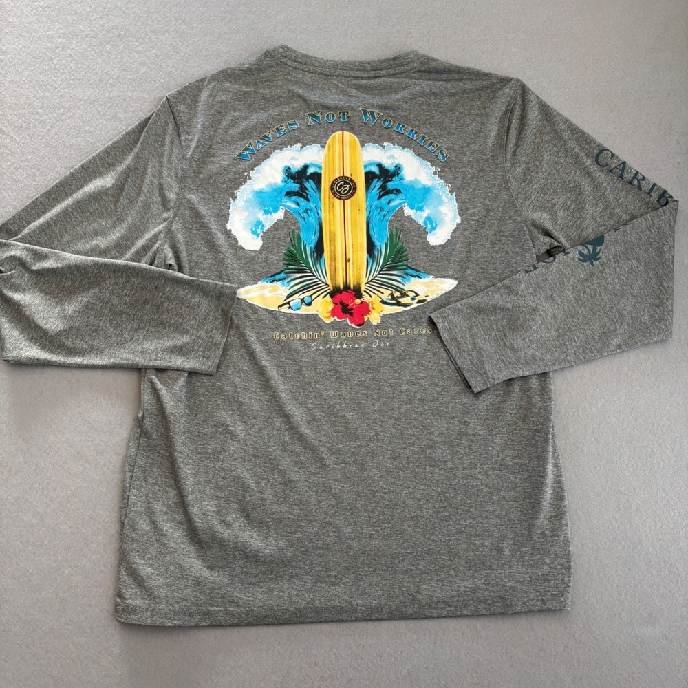 Caribbean Joe Gray Waves Not Worries Surf Graphic Long Sleeve Tee Shirt Small
